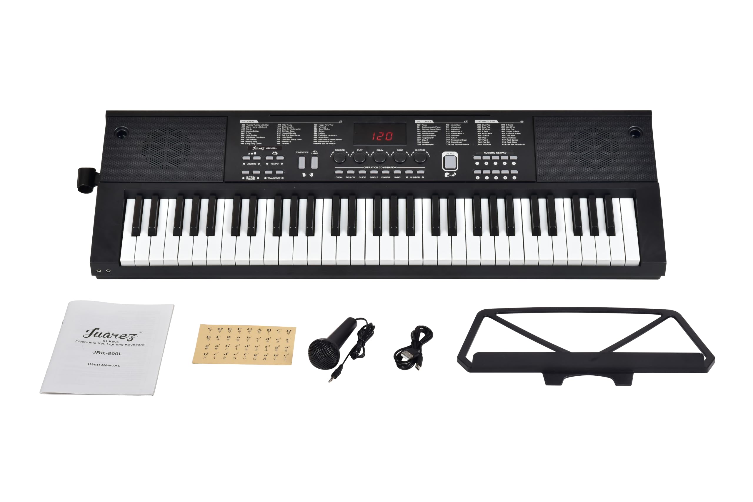 JUAREZ JRK800L 61 Keys Electronic Keyboard Piano with Key Lighting, Microphone, LED Display, Built-in Speakers, USB Power Cable, Music Sheet Stand, Record & Playback Function, Black-image-27