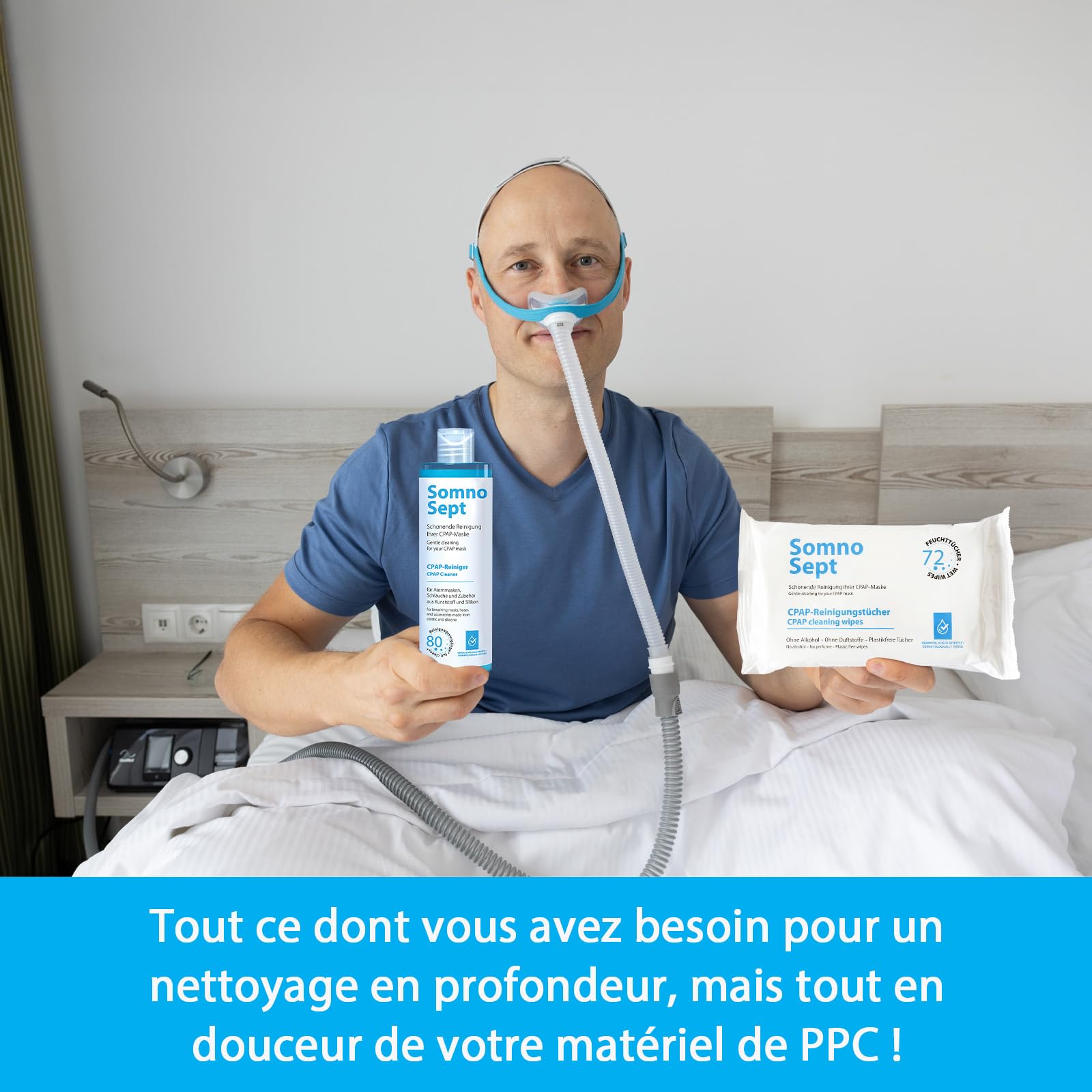 Kit de nettoyage CPAP (SomnoSept 400 ml, lingettes SomnoSept 72 pièces, brosse oxyhero 19 mm) – Kit de nettoyage complet de haute qualité
