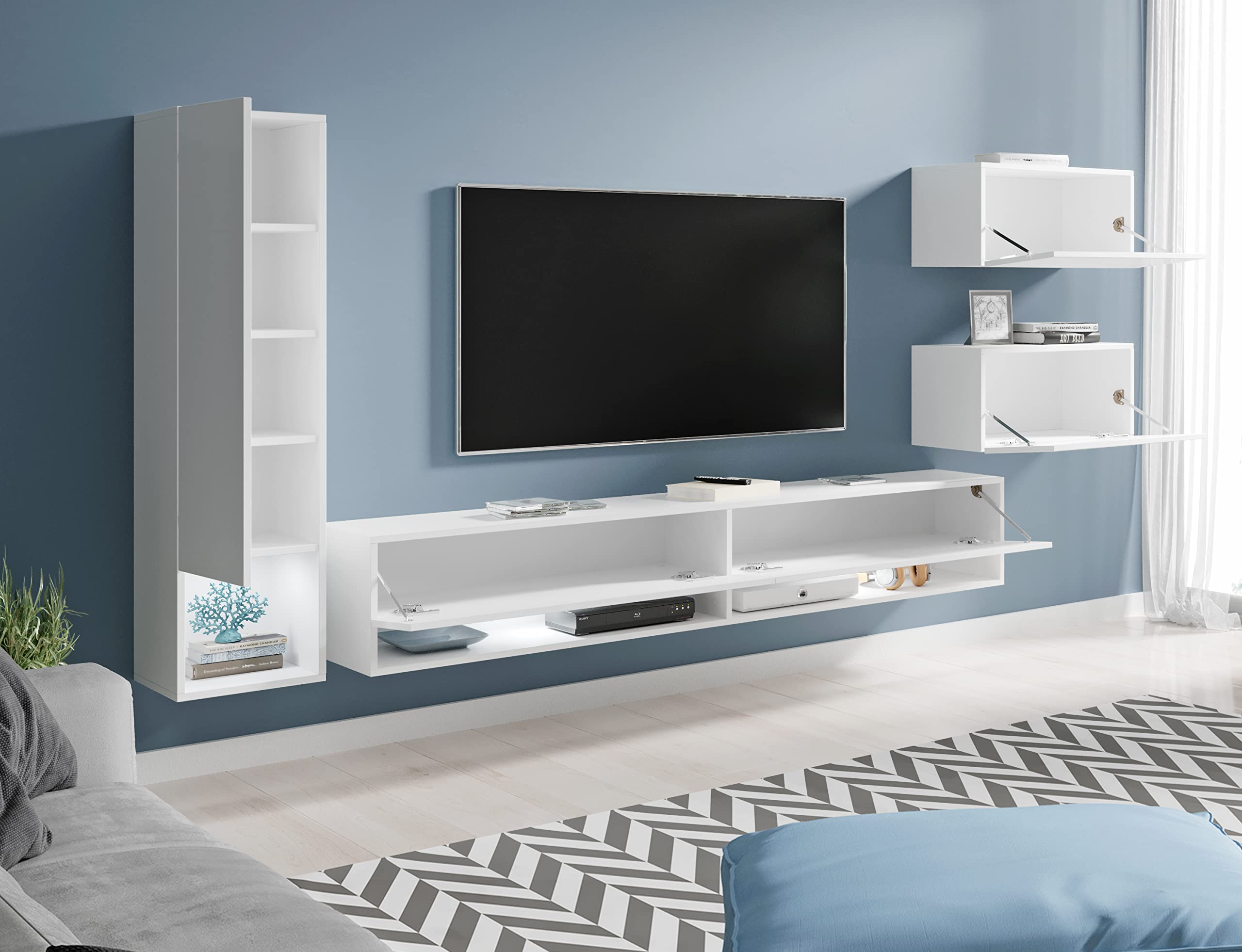 PIASKI Amedeo, ensemble de meubles de salon, éclairage LED en option, ensemble de meubles de séjour, plusieurs couleurs, étagères (blanc brillant, avec éclairage LED)