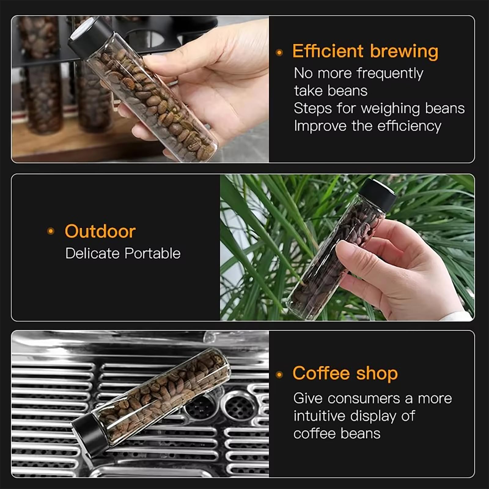 NEWFUN Lote de 8 tubos de granos de café, Recipiente Para Café en Grano con Estante de Madera y Embudo, para Guardar Café en Grano Monodosis, 22 G