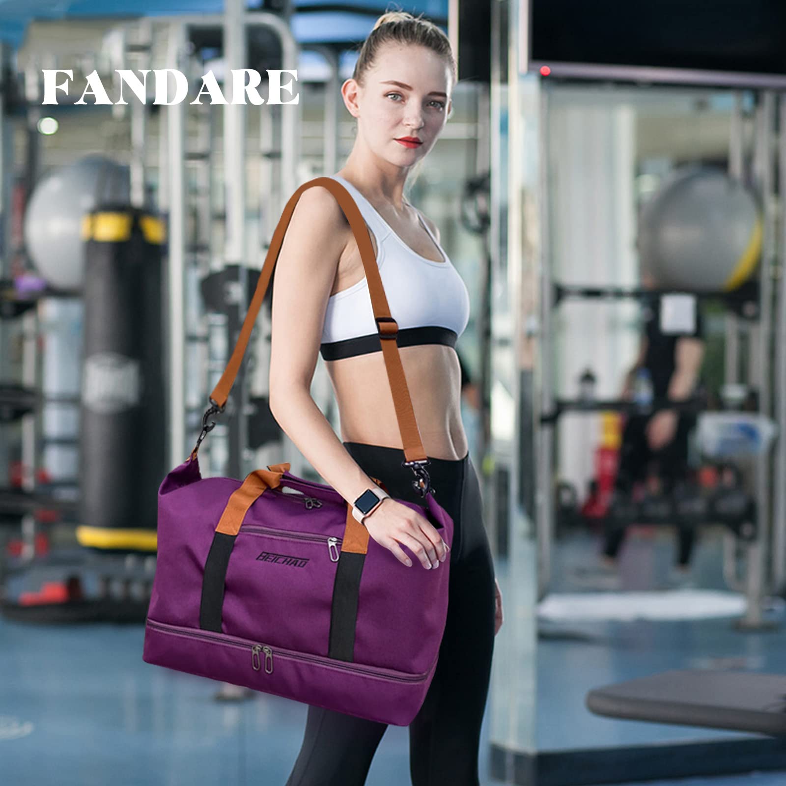 FANDARE Sac de Voyage Bagages Cabine à Main Polochons de Nuit Weekend Plage Sport Fitness Femme Homme Fourre-Tout avec Compartiment à Chaussures Violet Foncé