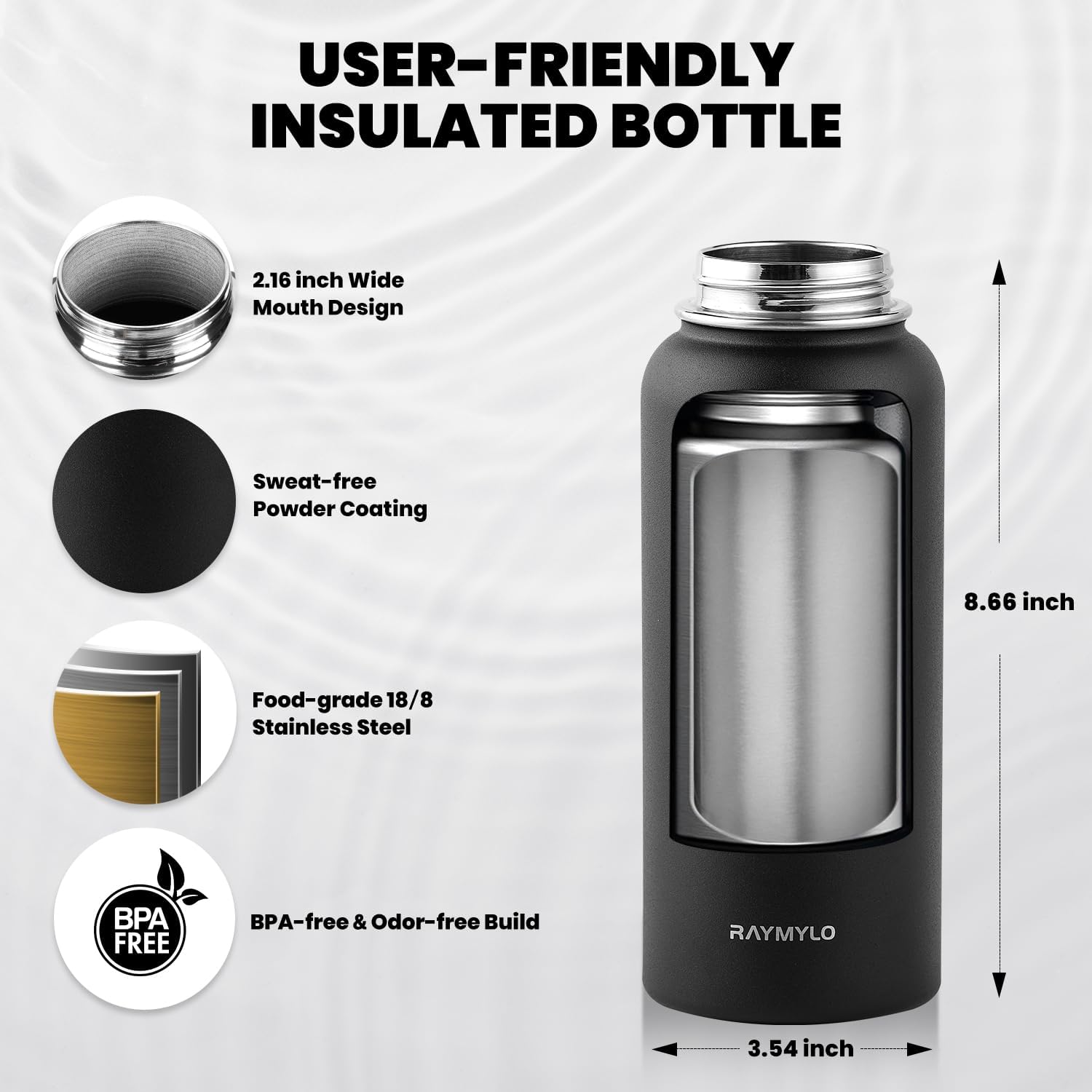 Insulated Water Bottle 32 oz, Triple Wall Vacuum Stainless Steel (Cold for 48 Hrs), Leak Proof & Non-BPA, Modern Water Flask Jug with Paracord Handle & Straw Spout Lids, Magic Black - Image 5