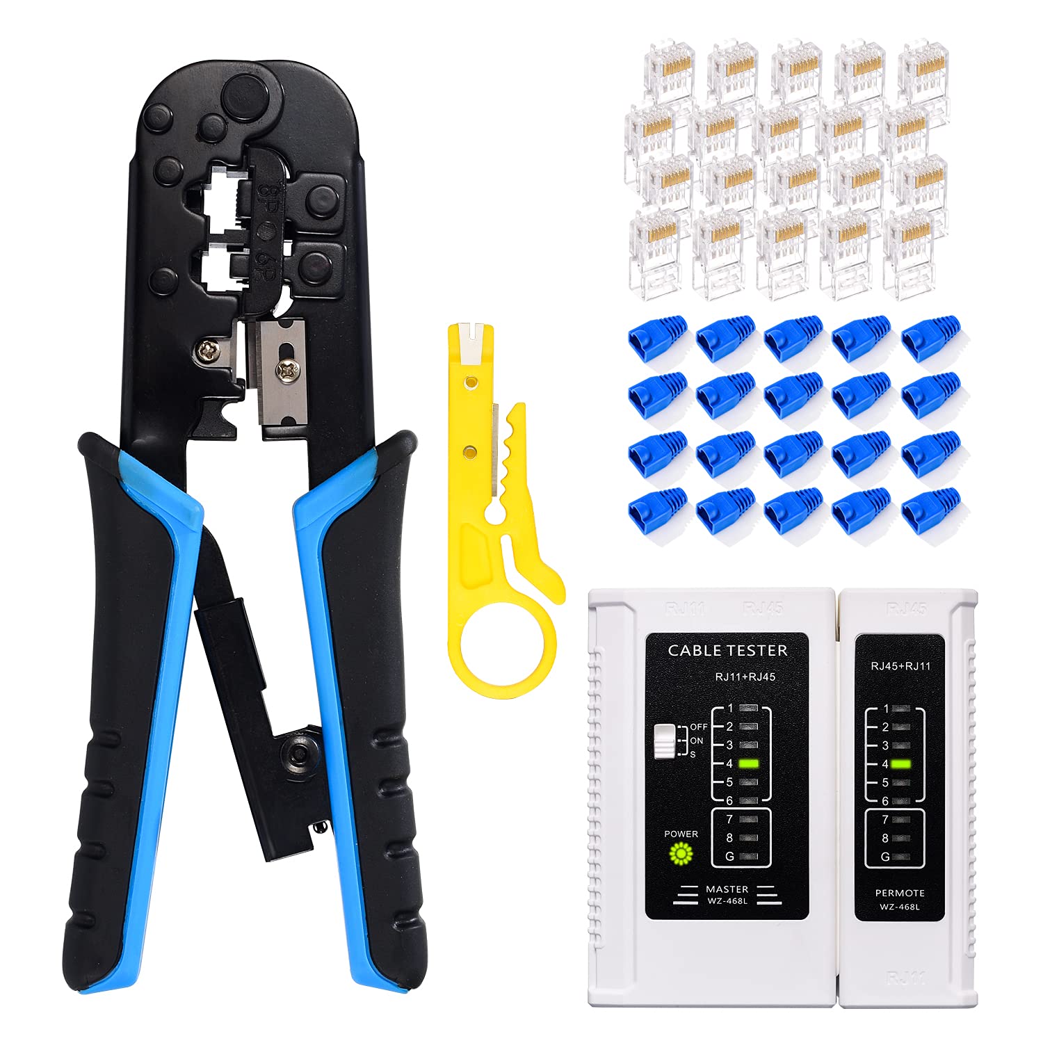 RJ45 Crimp Tool Ethernet Crimper for Cat7 Cat6A Cat5e Cat5 RJ45 Pass Through Connector and 6P Telephone Plug