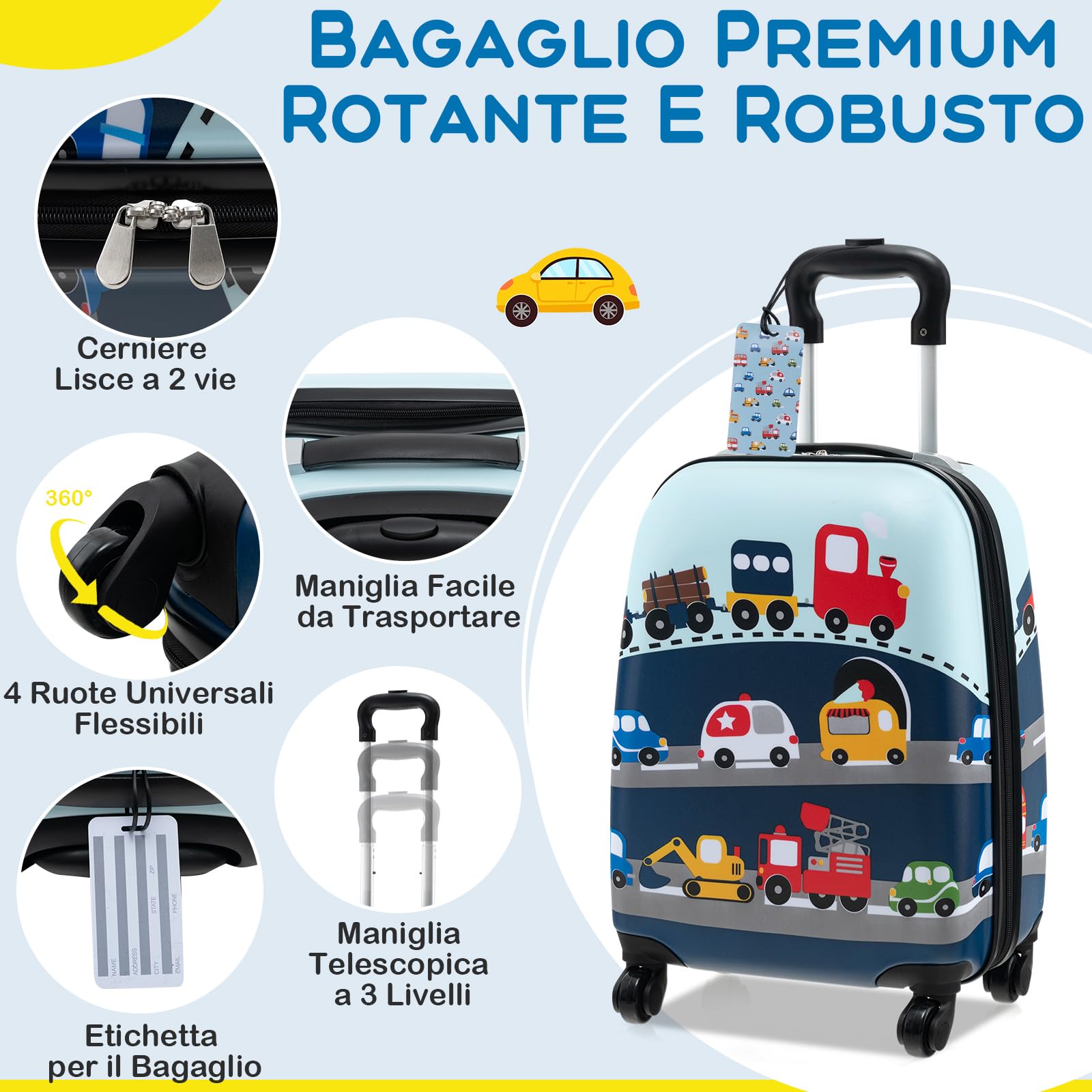 GYMAX Set Valigie per Bambini da 5 Pezzi con Trolley 38 cm, Zaino 33 cm, Cuscino per il Collo, Borsa per il Pranzo Isolata, Etichetta per Bagagli, per Viaggio Scuola (Auto)