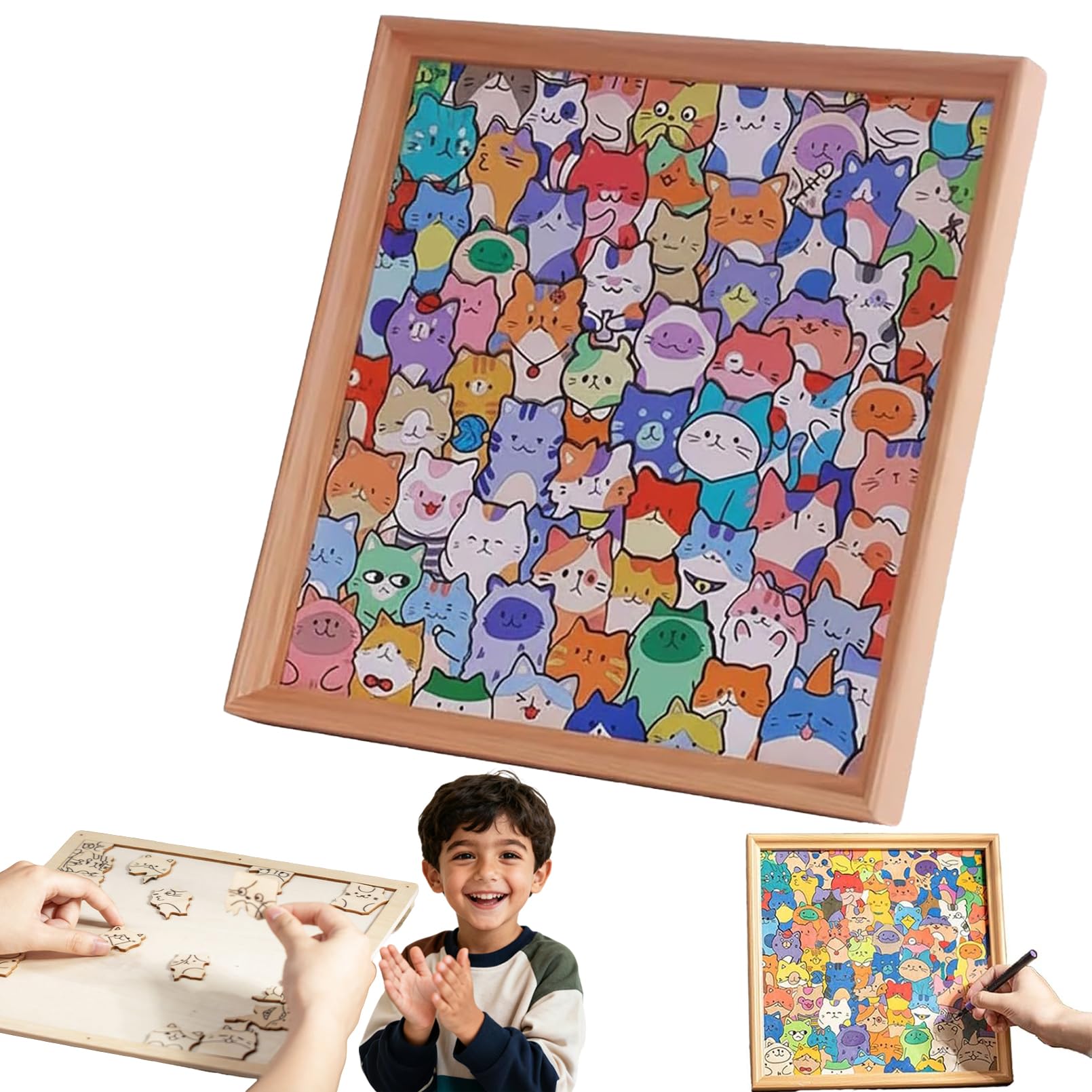 Wooden Coloring Puzzle, DIY Wooden Cat Puzzle Frame, Paintable Creative Handmade Photo Frame, Cat Puzzles Decor for Home Decoration Craft Lover (No Pen)