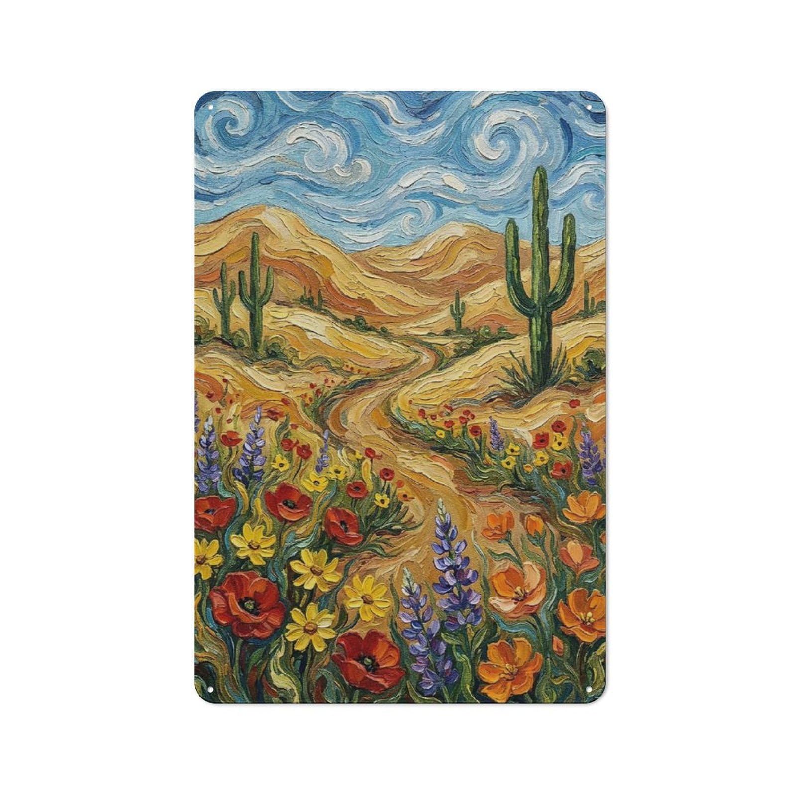 Junmoney Style-11 Desert Landscape With Wildflowers And Saguaro Cacti Decorative Tin Plaque 30X20cm, Decorative Novelty Wall Art For Hallway, Home Bar, Garage Or Study