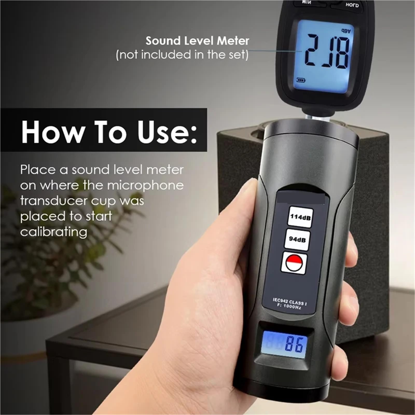 Medidor de decibelios, Calibrador de sonómetro digital de 94 dB y 114 dB, for sonómetros de micrófono de 1/2 pulgada y 1 pulgada, comprobador de decibelios de ruido.