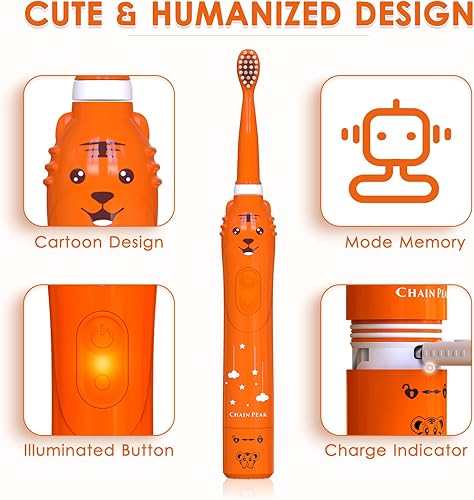 Miniatura 6 de Cepillo de dientes eléctrico de dinosaurio, cepillo de dientes sónico para niños, niños pequeños y niñas de 3 a 12 años con recordatorio de 30,