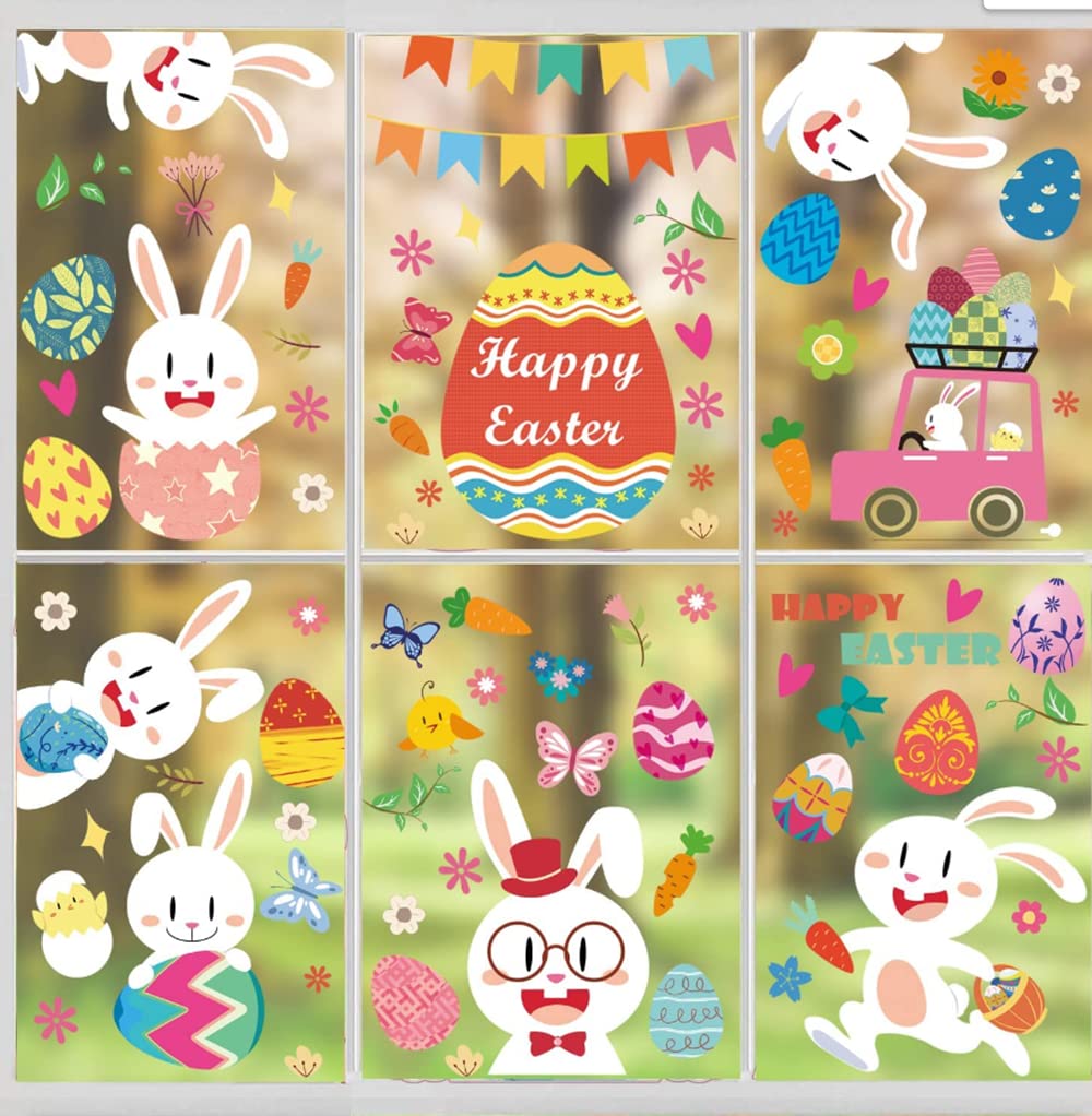 9 Sheets Spring Easter Window Clings Decoration Happy Easter Sticker Bunny Easter Eggs Chick Carrot Butterfly Decals Window Stickers Decals for Easter Party Decor (B)