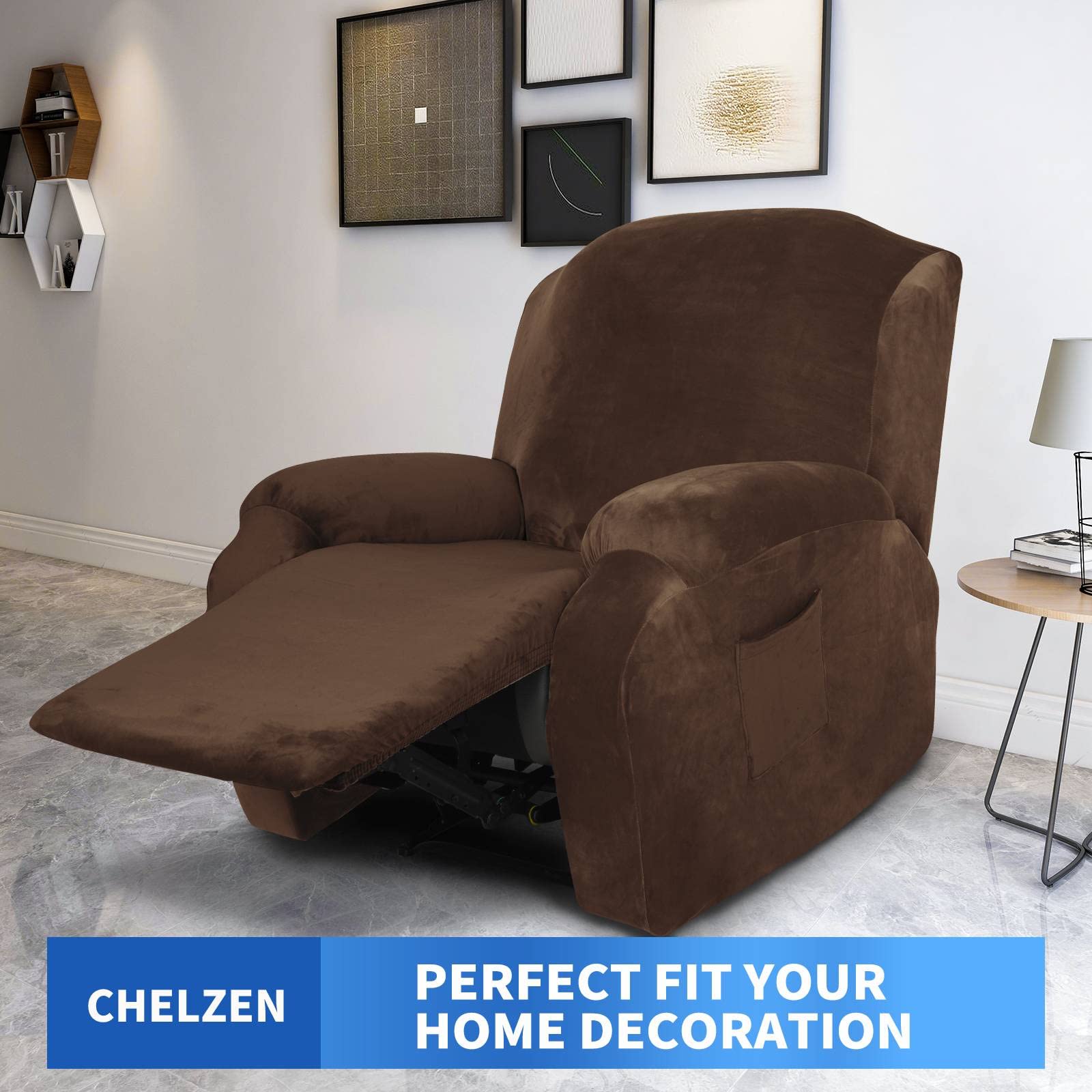CHELZEN Velvet 4 Piece Recliner Cover Stretch Soft Cover for Recliner Chair Thick Soft Recliner Chair Slipcover (Recliner, Dark Coffee) - Image 2