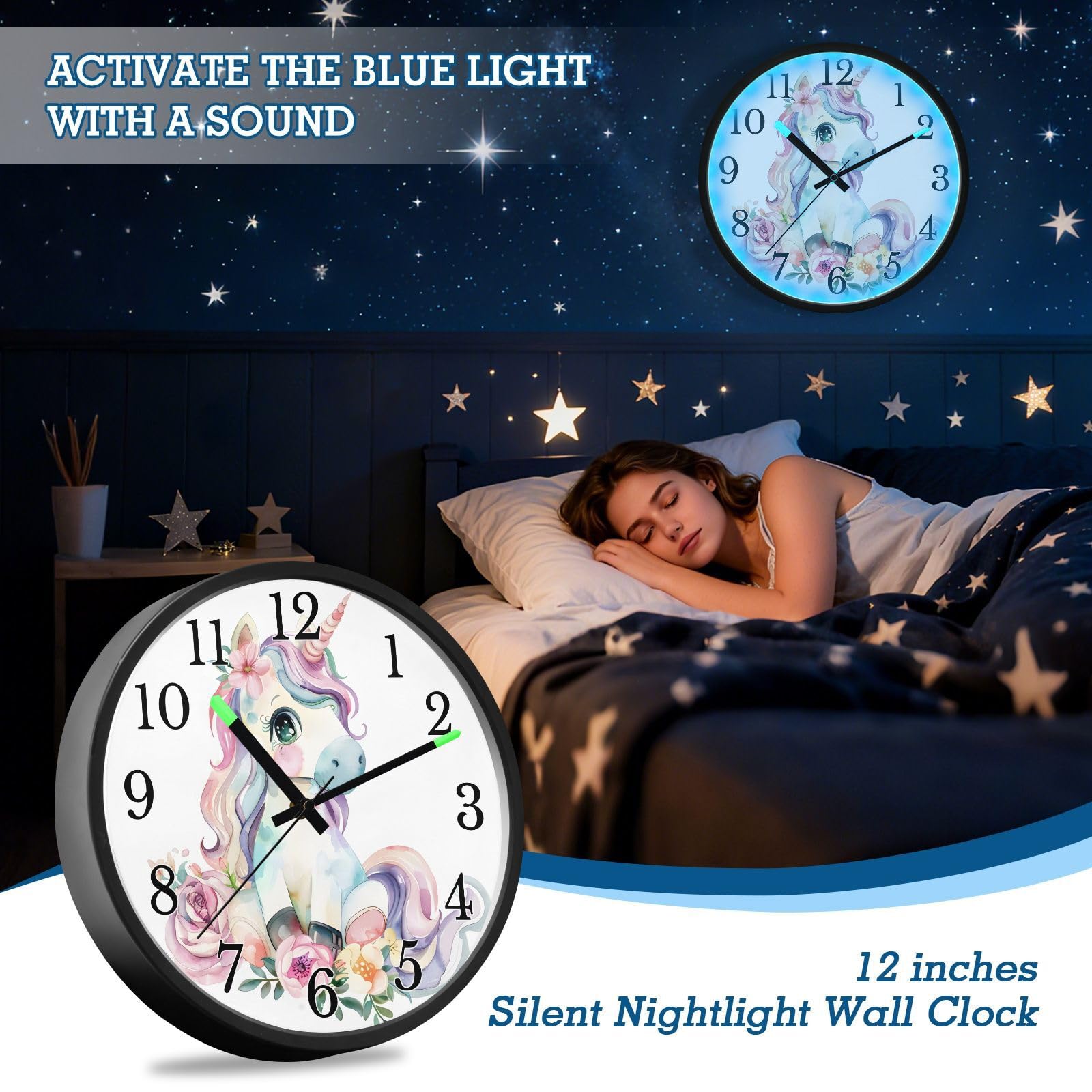 Mnsruu Reloj de pared luminoso con diseño de unicornio y flores de caballo blanco, funciona con pilas, reloj silencioso que brilla en la oscuridad, para sala de estar, cocina, 30,5 cm