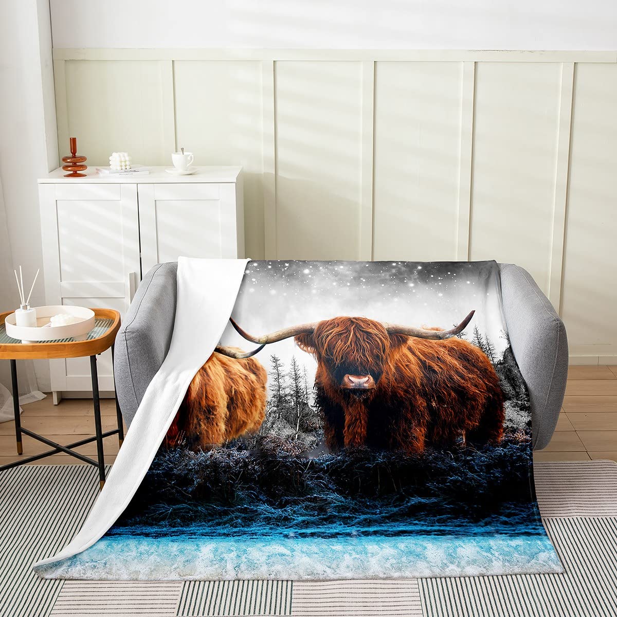 Loussiesd Highland Cattle Fleece Throw Blanket Kids,Highland Cow Fuzzy Blanket For Bed Sofa,All Season Bull Cattle Fleece Bed Blanket Breathable Wild Animal Plush Blanket Baby 30x40 Inch