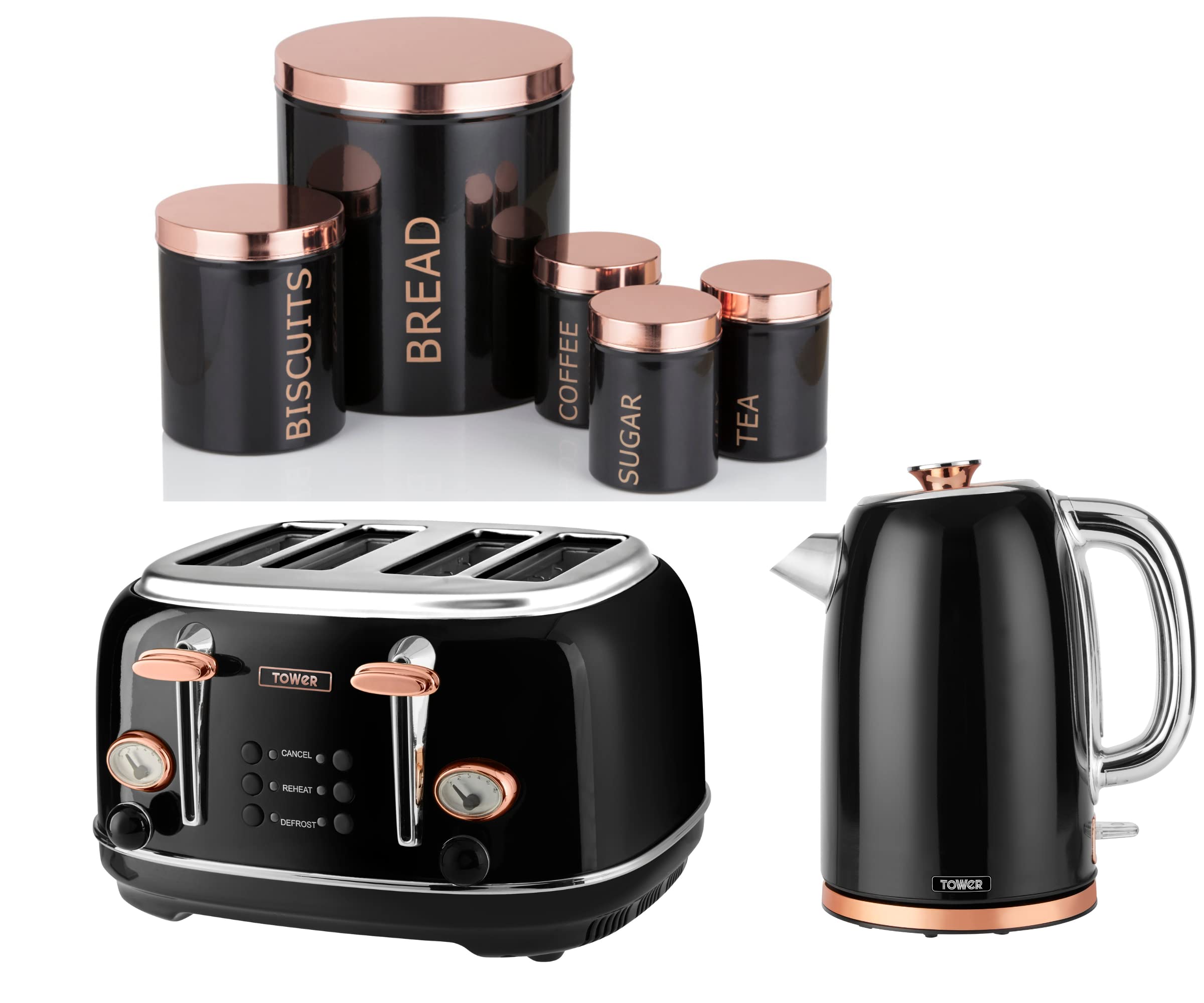 Buy Tower Black & Rose Gold 1.7L Jug Kettle, 4 Slice Toaster & 5 Piece Kitchen Storage Set