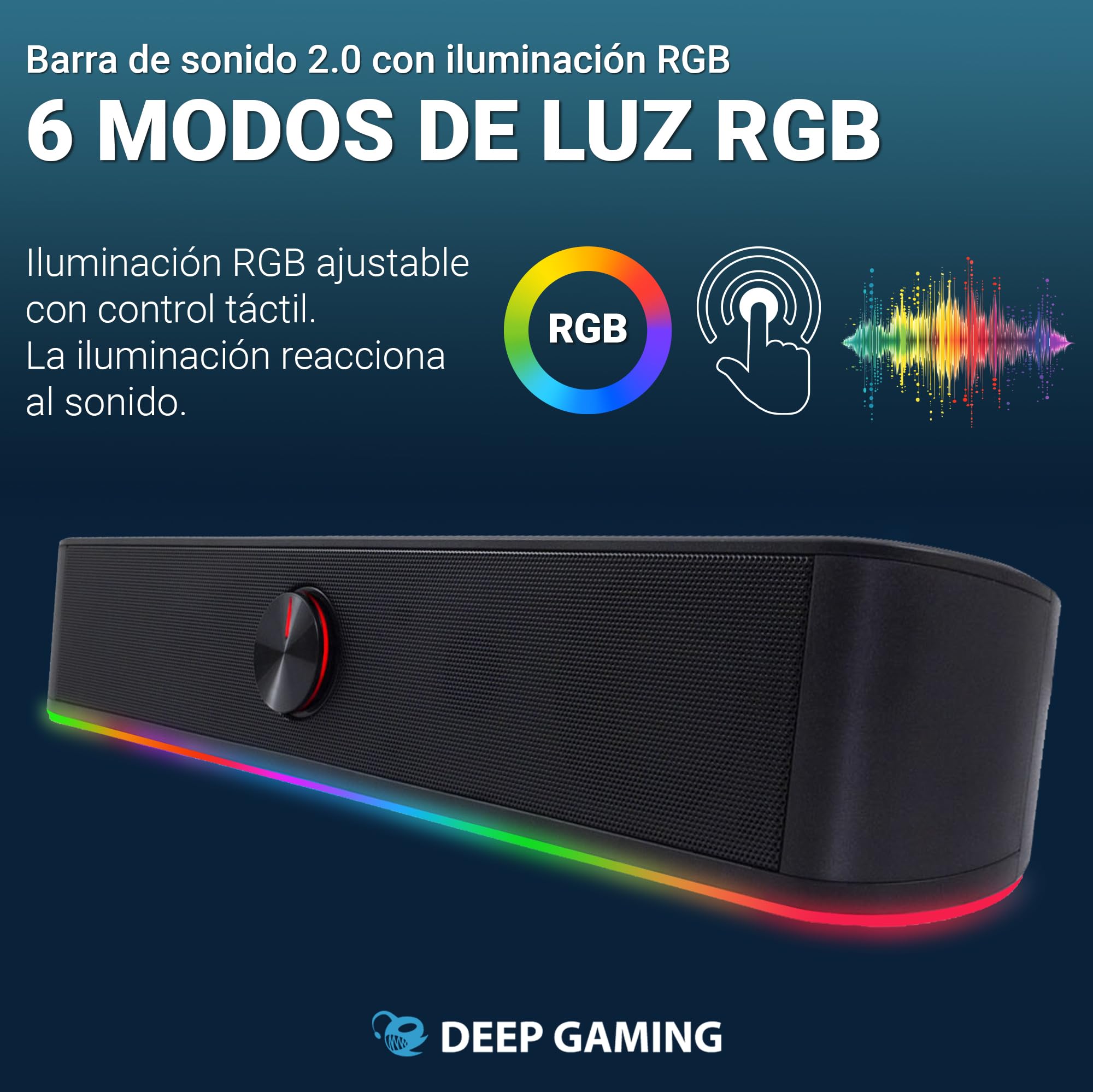 CoolBox DeepGaming Barra Sonido PC con Iluminación RGB R200B - Altavoces PC Gaming Estéreo 2.0, 6 W RMS, Entrada 3,5 mm Jack + Bluetooth 5.0, para PC, Ordenador Portátil, TV - Negro
