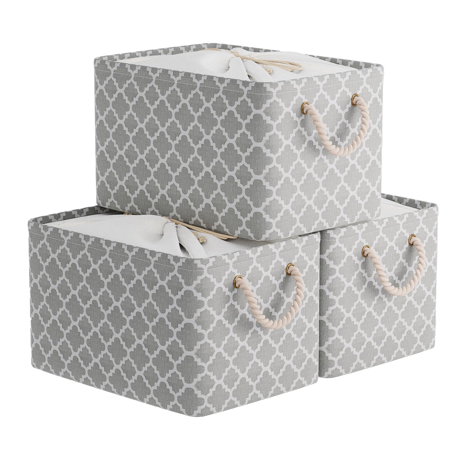 OUTBROS Foldable Fabric Basket, Wardrobe Storage Organiser, Box for Shelves with Handles and Drawstring, Used for Towels, Clothes, 33 x 23 x 20 cm, (Lantern/Gray, 3 packs)