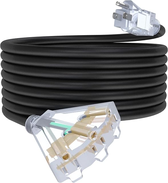 25Ft 12 Cord d'extension extérieure de jauge avec 3-Outlets, Cordon d'extension 12/3 de service lourd avec extrémité éclairée, 15A 12AWG 1875W SJTW, ETL Inscrit - Idéal pour Garage, Jardin et Maison, Noir