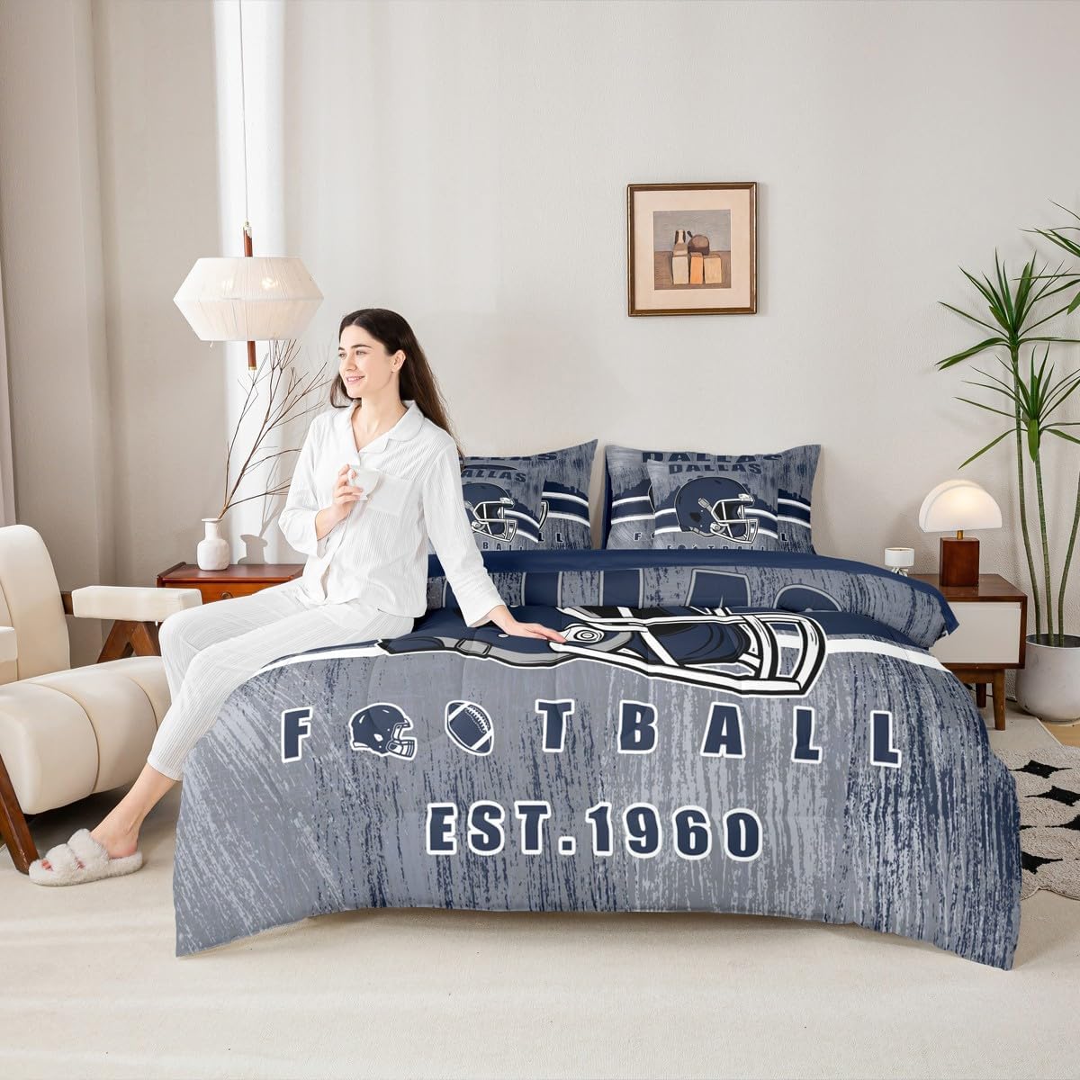 Erosebridal Cowboys Football Bed in A Bag Boys Girls Bedding Set Gridiron Gifts for City Fans Women Men Comforter Sets with Sheets Rugby Sports 7 Pieces Bed Set King