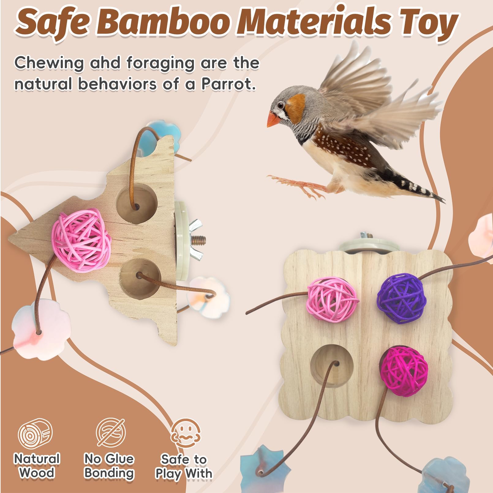 PINVNBY 2 PCS Small Bird Foraging Toys Wooden Parakeet Interactive Puzzle Toys Enrichment Chewing Training Toys for Cage Birds Cockatiel Lovebird Parakeet Budgie Small-Medium Birds - image 5