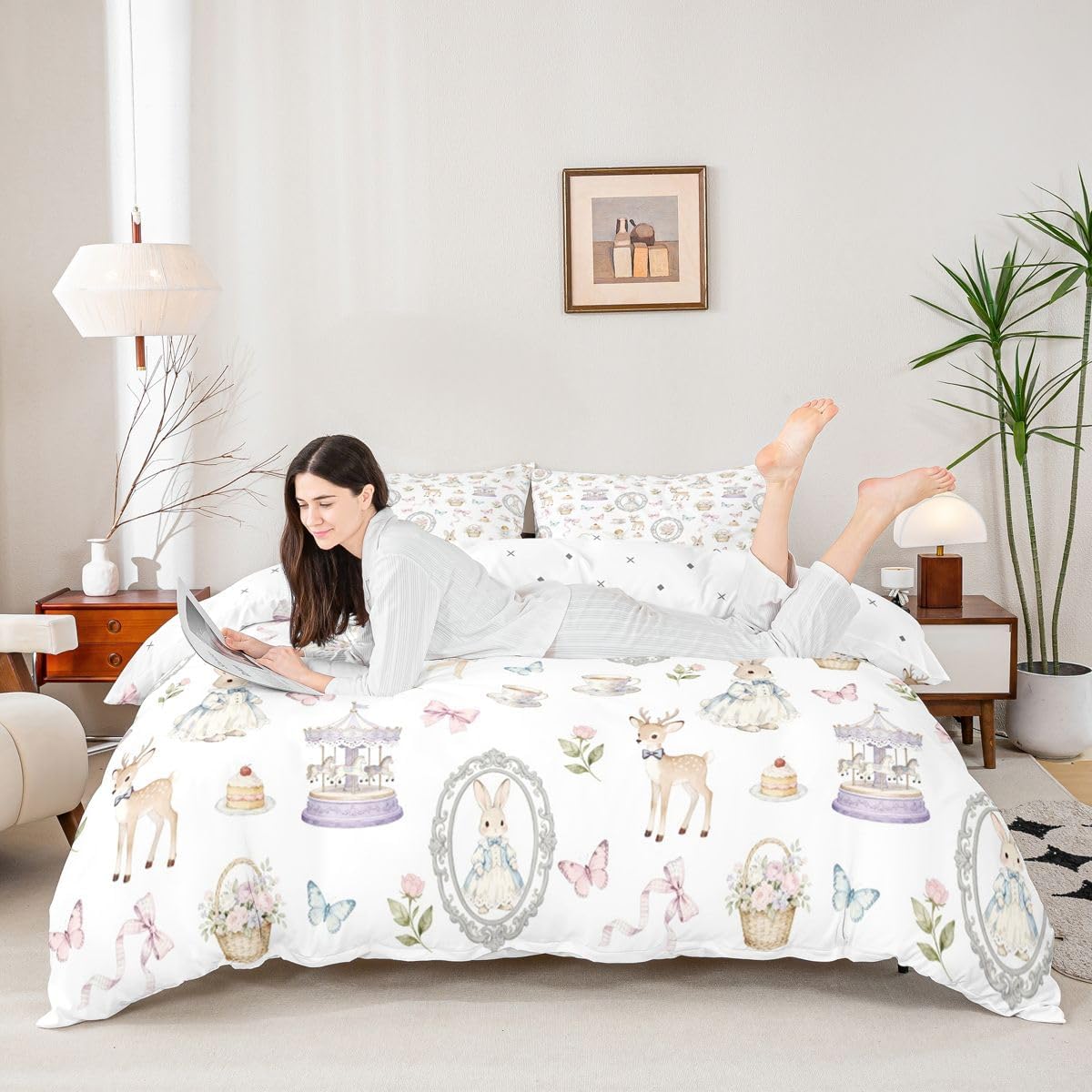 Fairy Tale Duvet Cover Set Twin Size,Rabbit Fairy Deer Bedding Sets 2Pcs for Kids Girls Boys Adult Room Decor,Carrousel Butterfly Comforter Cover Sweet Bowknot Quilt Cover,1 Pillowcase