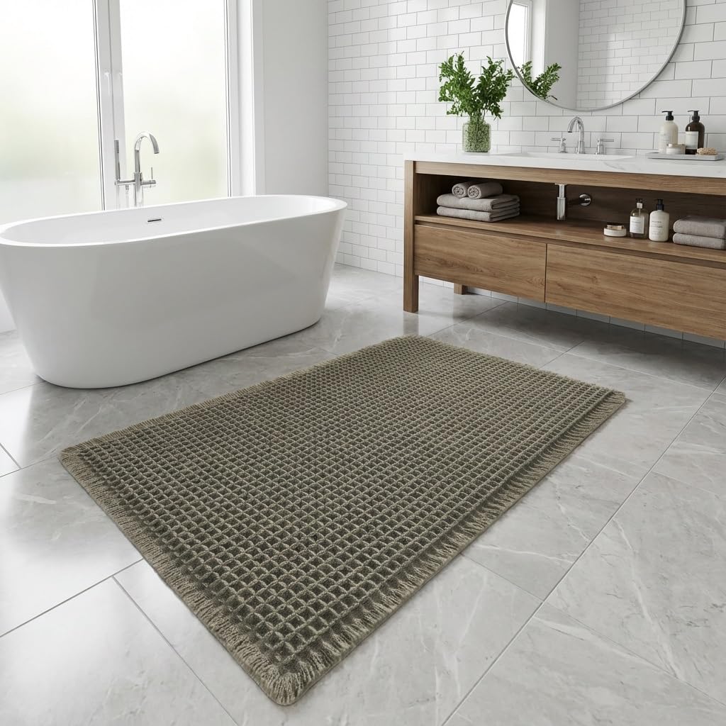 Tapis de bain gris 50x80cm en peluche gaufrée antidérapante et super absorbante avec pompons