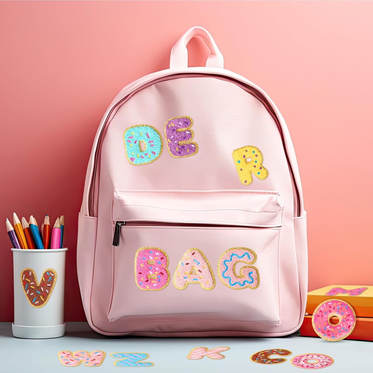 WILLBOND 28 Pcs Donut Theme Chenille Letter Patches, Self Adhesive Cute Letter Stickers for Crafts, Notebook Decorations, Party Setups, Stationery DIY, Baking-Themed Parties Girls Women Gifts