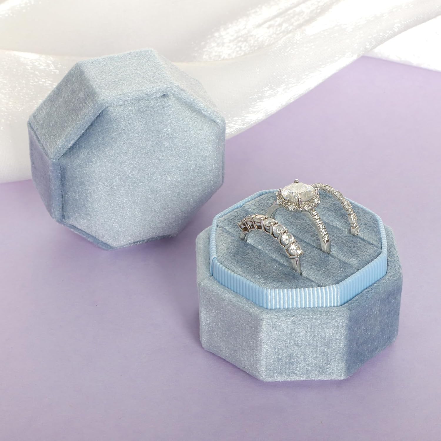 Gvhntk Velvet 3 Slots Jewelry Ring Box Vintage Octagon Ring Display Holder Gift Premium Gorgeous Case with Detachable Lid for Wedding Engagement Proposal Keepsake Ceremony (Blue)