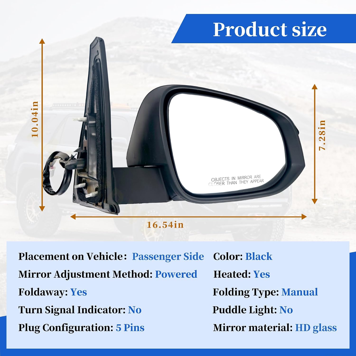 Black Right Passenger Side Mirror Replacement For Toyota 4Runner 2014-2024 Manual Folding|Heated|With Power Glass -Right Side Mirror#TO1320313(5Pins)