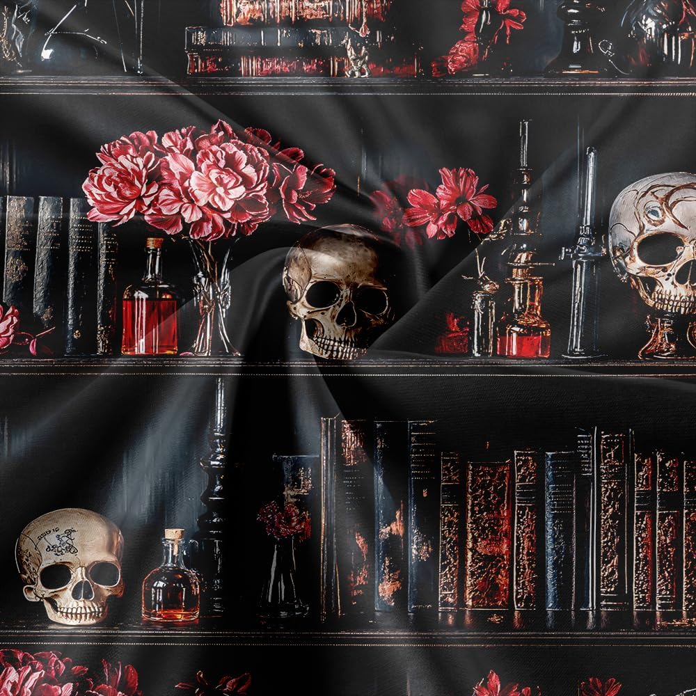 Gothic Skull Shower Curtain Vintage Witchy Spooky Retro Wizard Magic Bookshelf Red Floral Shower Curtains Skeleton Bath Curtain Waterproof Bathroom Decor Polyester Fabric with 12 Hooks, 72X75 Inch
