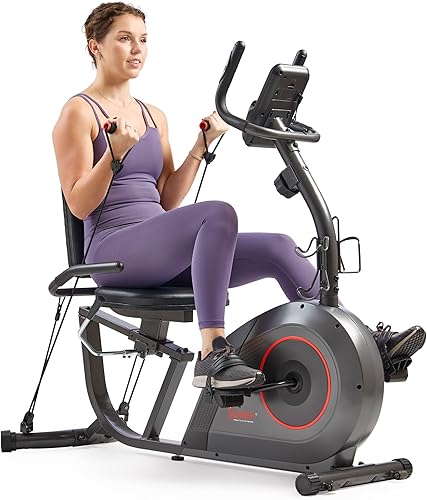 Miniatura 8 de Sunny Health & Fitness Smart Heavy-Duty Recumbent Bike w/Wide Cushioned Seat & Back, Indoor Cycling Machine for Adult/Seniors Home Exercise, Free