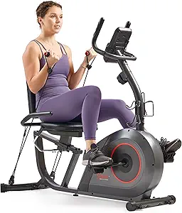 Sunny Health & Fitness Smart Heavy-Duty Recumbent Bike with Cushioned Seat & Resistance Bands