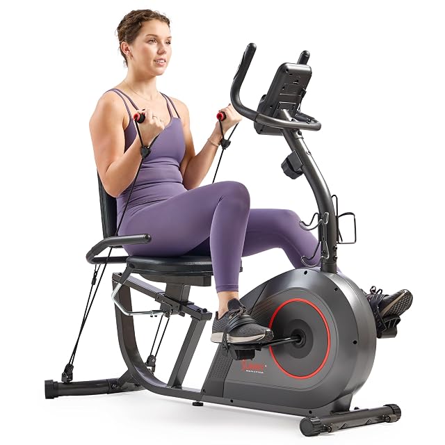 Sunny Health Fitness Smart Heavy-Duty Recumbent Bike w Wide Cushioned Seat Back Indoor Cycling Machine for Adult Seniors