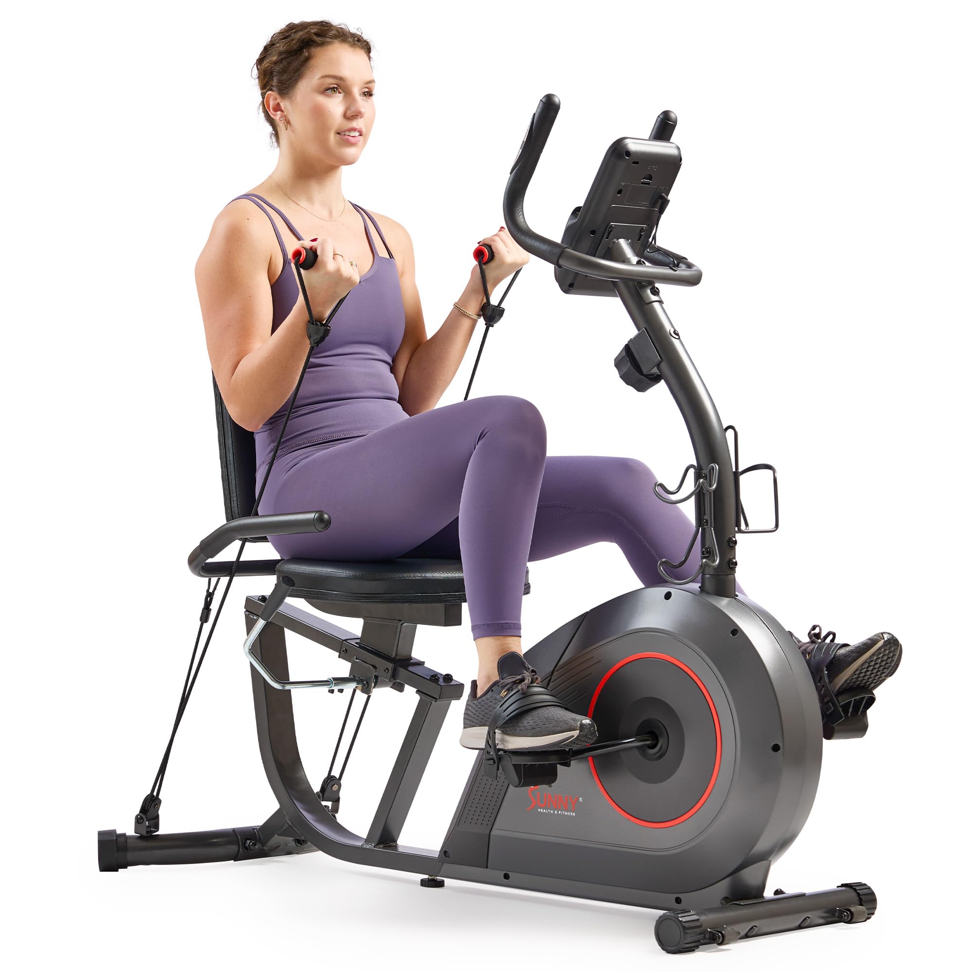 Sunny Health & Fitness Smart Heavy-Duty Recumbent Bike w/Wide Cushioned Seat & Back, Indoor Cycling Machine for Adult/Seniors Home Exercise, Free SunnyFit App Connect, Optional Workout Training Bands