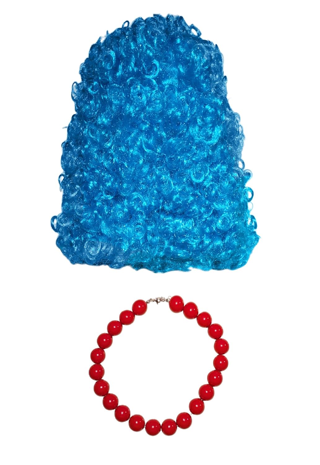 HandinHandCreations Marge Blue Beehive Troll Wig With Red Necklace – Tall Curly Costume Wig - Package Includes Red Bead Necklace and Blue Wig
