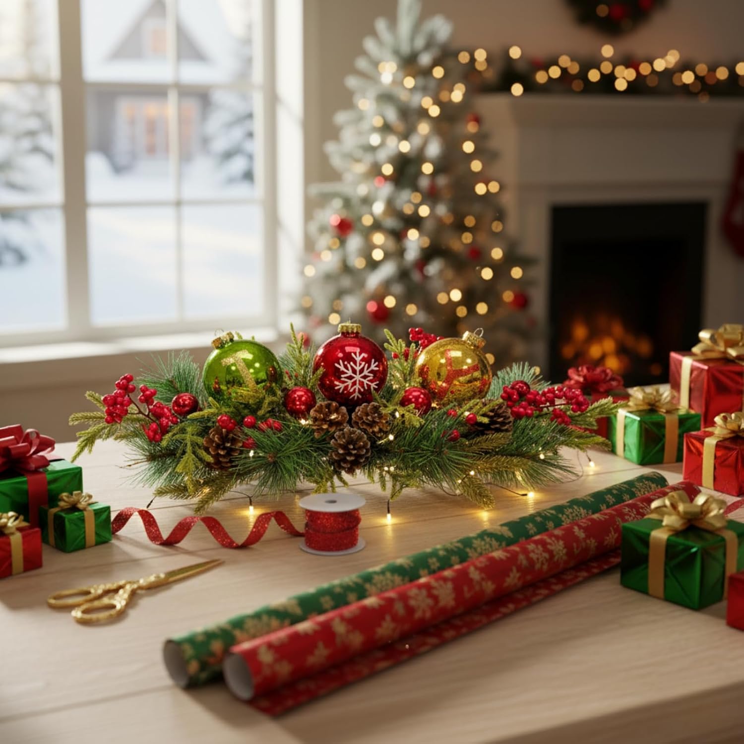 Svndlyn Lighted Christmas Joy Centerpieces for Tables with Pinecones Cedar Branches Pine Needles Red Berries and Balls Ornaments Tabletop Christmas Decor for Mantel Fireplace Dining Table