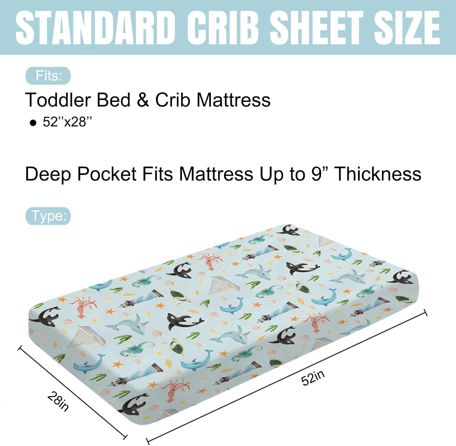 Colorful Sea Animals Baby Crib Sheet 52''x28'' Ocean Whale Dolphin Turtle Shells Coral Lighthouse Ship Stretchy Fitted Crib Mattress Cover for Boy Girl Baby Sheets for Standard Crib Toddler Mattress
