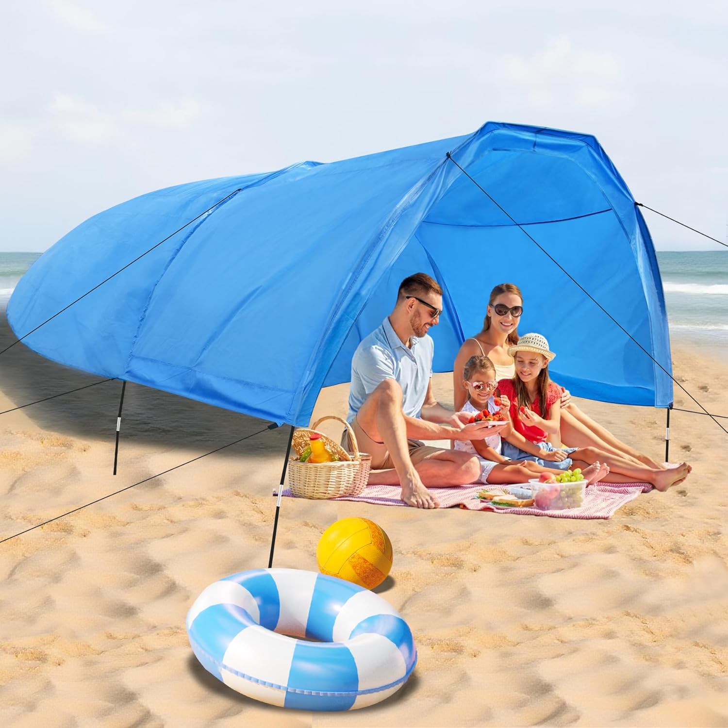 Beach Shade 200 Sq. Ft Beach Canopy for 4-8 People, Portable Sun Shelter with UV Protection, Lightweight & Easy Setup for Family Outdoor Activities (Blue)