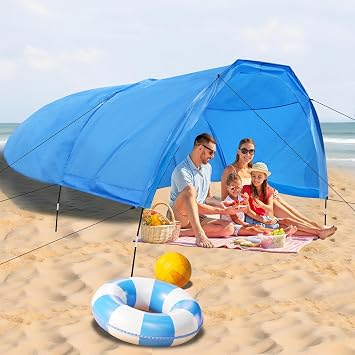 Beach Shade 200 Sq. Ft Beach Canopy for 4-8 People, Portable Sun Shelter with UV Protection, Lightweight & Easy Setup for Family Outdoor Activities Blue