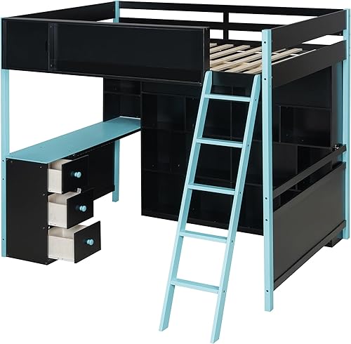 Miniatura 126 de Cama tipo loft de tamaño individual con 3 estantes, 2 armarios y 2 cajones, cama alta funcional con escalera de almacenamiento, marco de cama loft