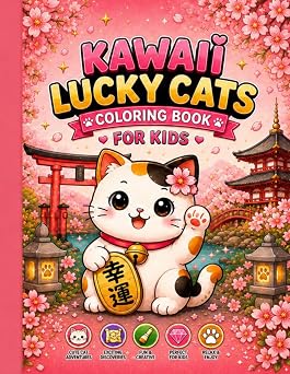 Kawaii Lucky Cats Coloring Book Cute Maneki-Neko Coloring Pages for Kids with Lucky Cats, Lanterns, Flowers and Adorable Japanese-Inspired Designs