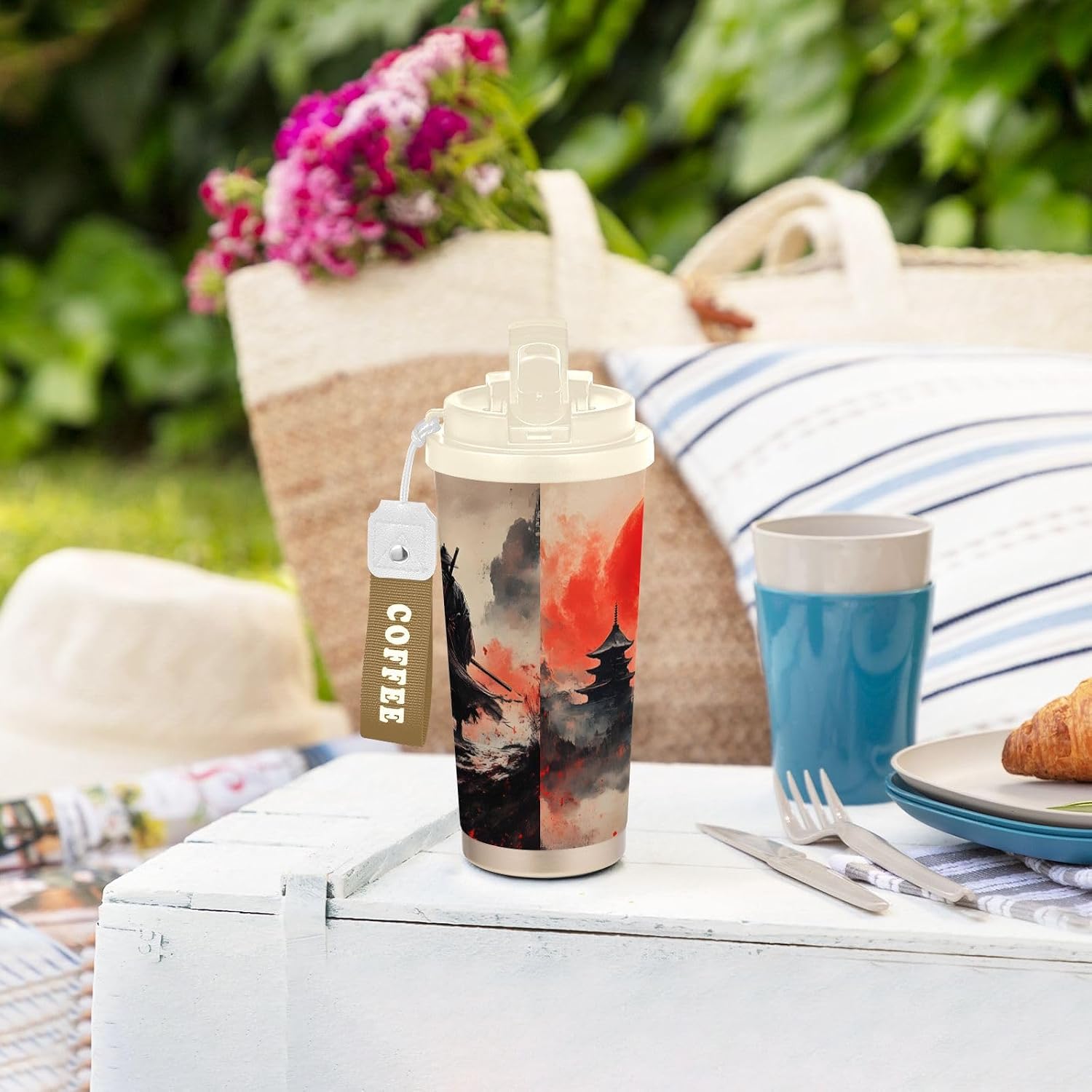 Insulated Coffee Mug Samurai Katana Moon with Straw & Flip Lid, 16.9oz Iced Tumbler Cup, Double Wall Vacuum Mug for Travel Office Camping