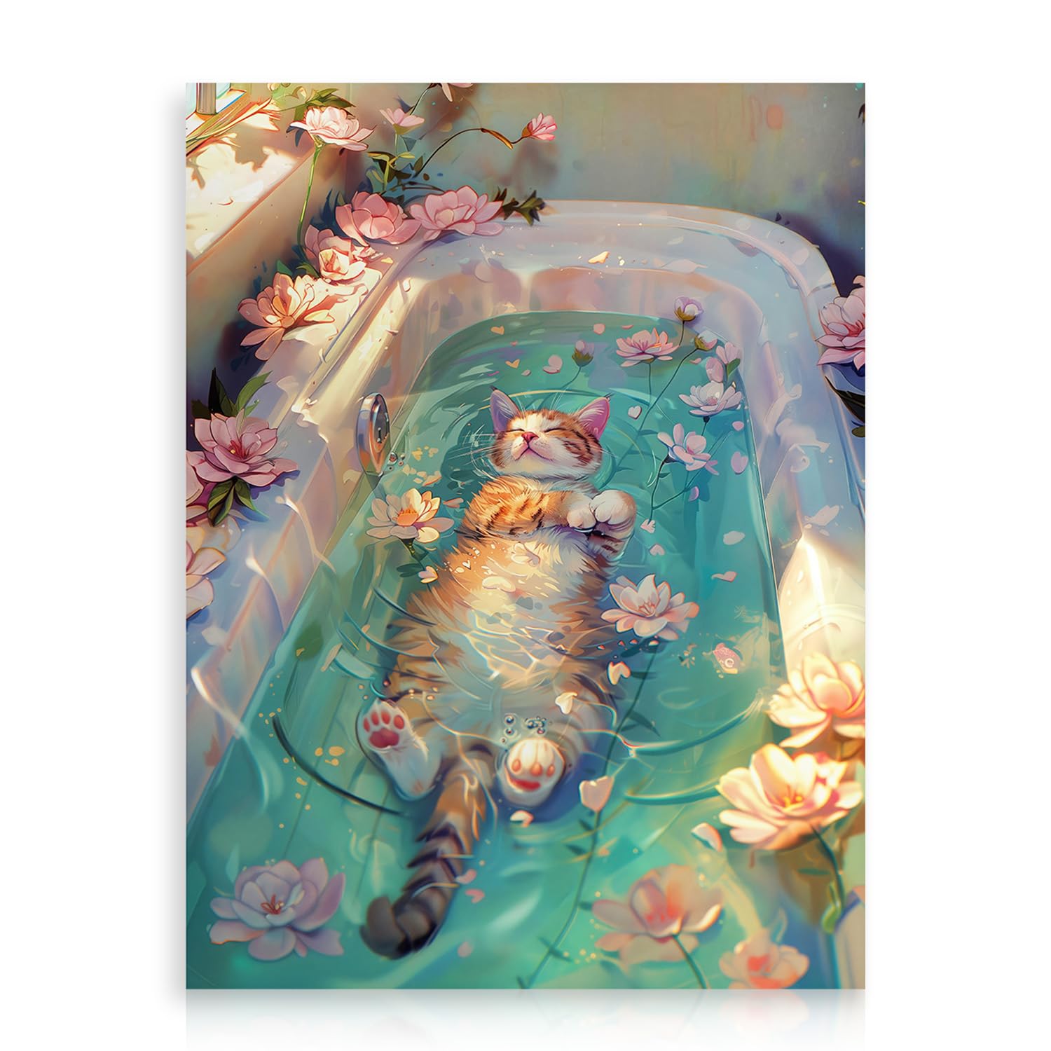 Dazzlewall Whimsical Cat Wall Art, Floral Bathtub Cat Poster for Bedroom Bathroom Living Room Decor 12x16 in Unframed