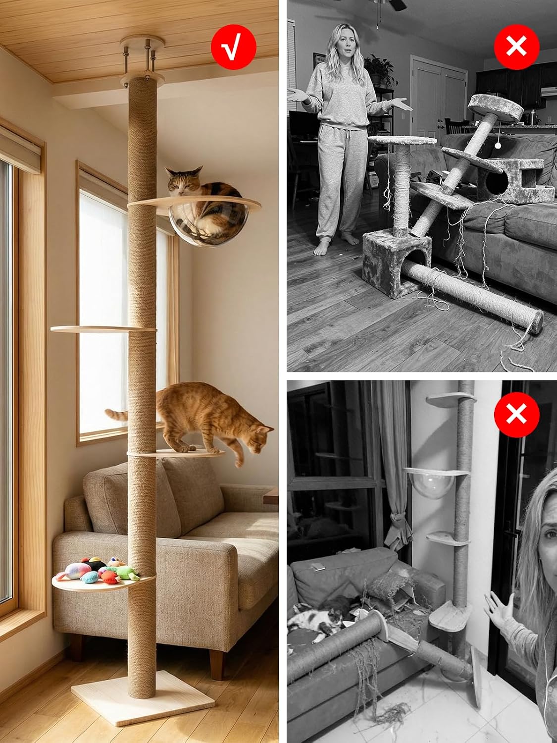 YOCAN Floor to Ceiling Cat Tree, Height Adjustable 90.5–110" Tall Cat Tower, Tension Mounted Vertical Cat Climbing Pole for Indoor Cats, Heavy-Duty Space-Saving Cat Furniture