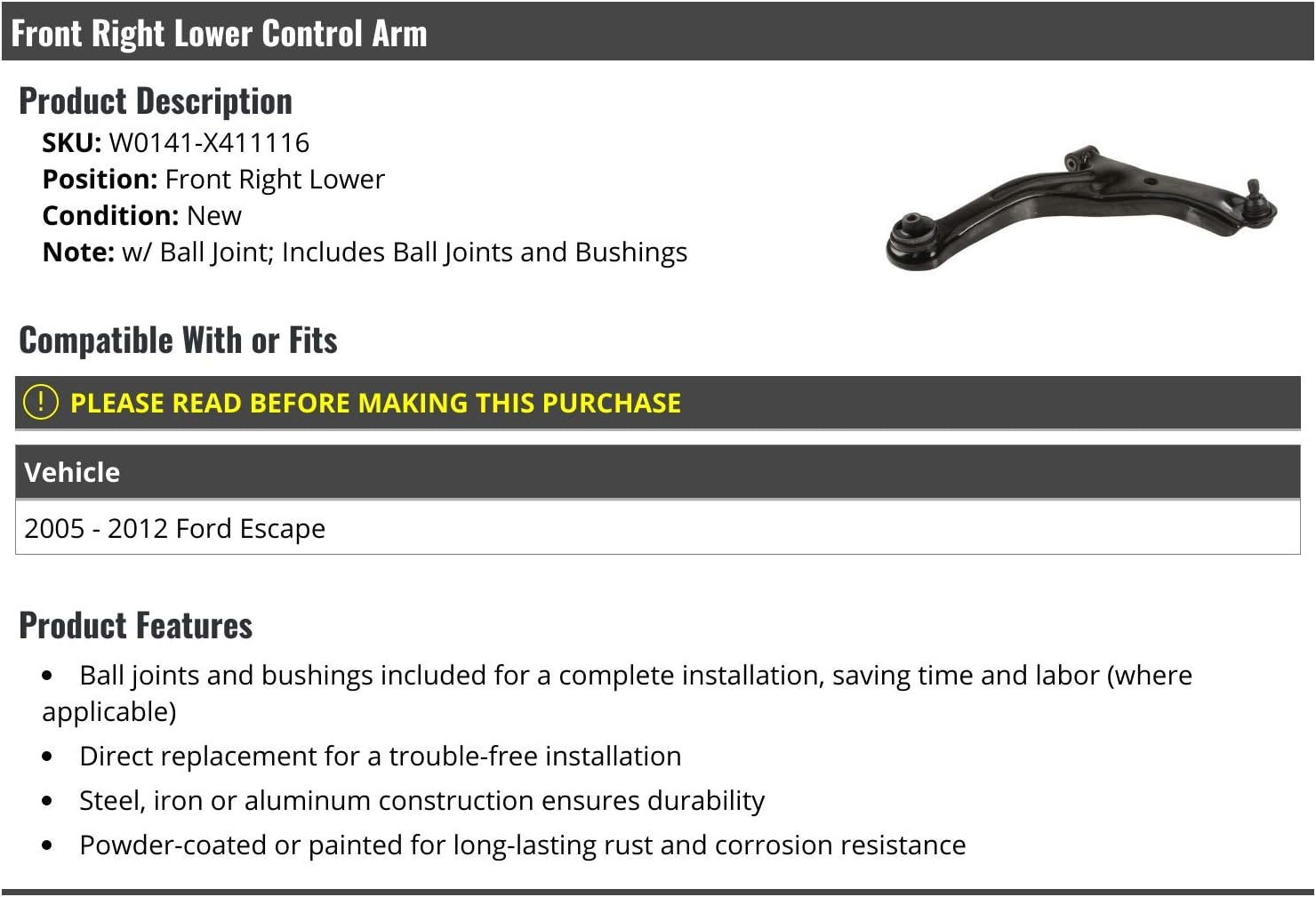 Front Right Passenger Side Lower Control Arm with Ball Joint and Bushings - Compatible with 2005-2012 Ford Escape