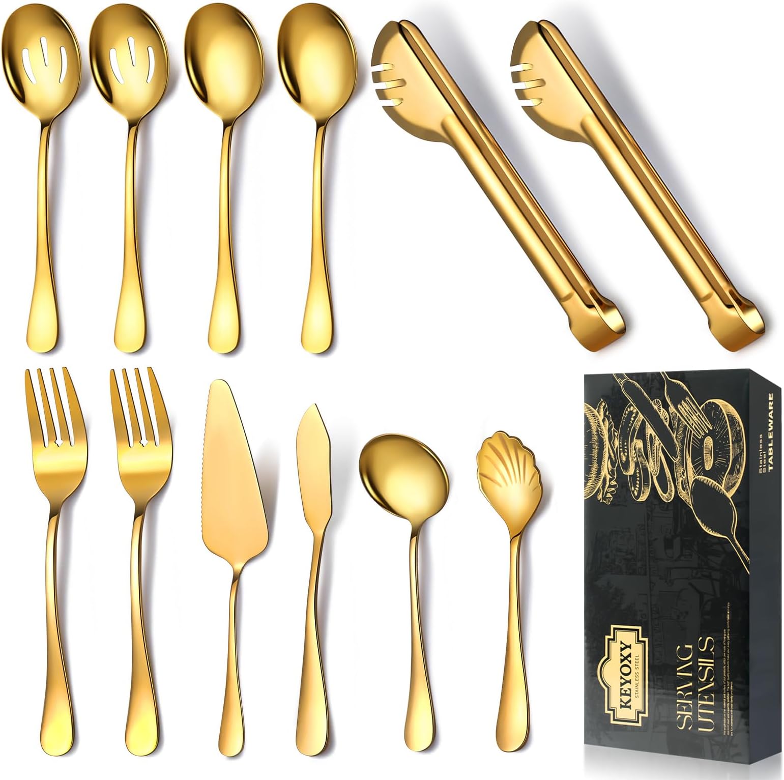 Stainless Steel Serving Utensil Set, 12 Pcs, with Large Slotted/Spoon/Forks/Soup Ladle/Tongs/Pie Server/Butter Knife for Parties/Kitchen/Buffet/Catering,Gold