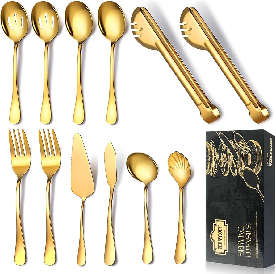 Gold Serving Utensils,12 Pcs Stainless Steel Serving Utensil with Serving Spoon,Slotted Spoons,Forks,Soup Ladle,Serving Tongs,Pie Server,Butter Knife Serving Utensils Set for Parties,Buffe