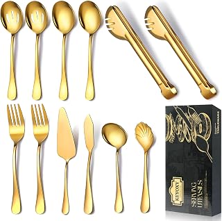 Stainless Steel Serving Utensil Set, 12 Pcs, with Large Slotted/Spoon/Forks/Soup Ladle/Tongs/Pie Server/Butter Knife for Parties/Kitchen/Buffet/Catering,Gold