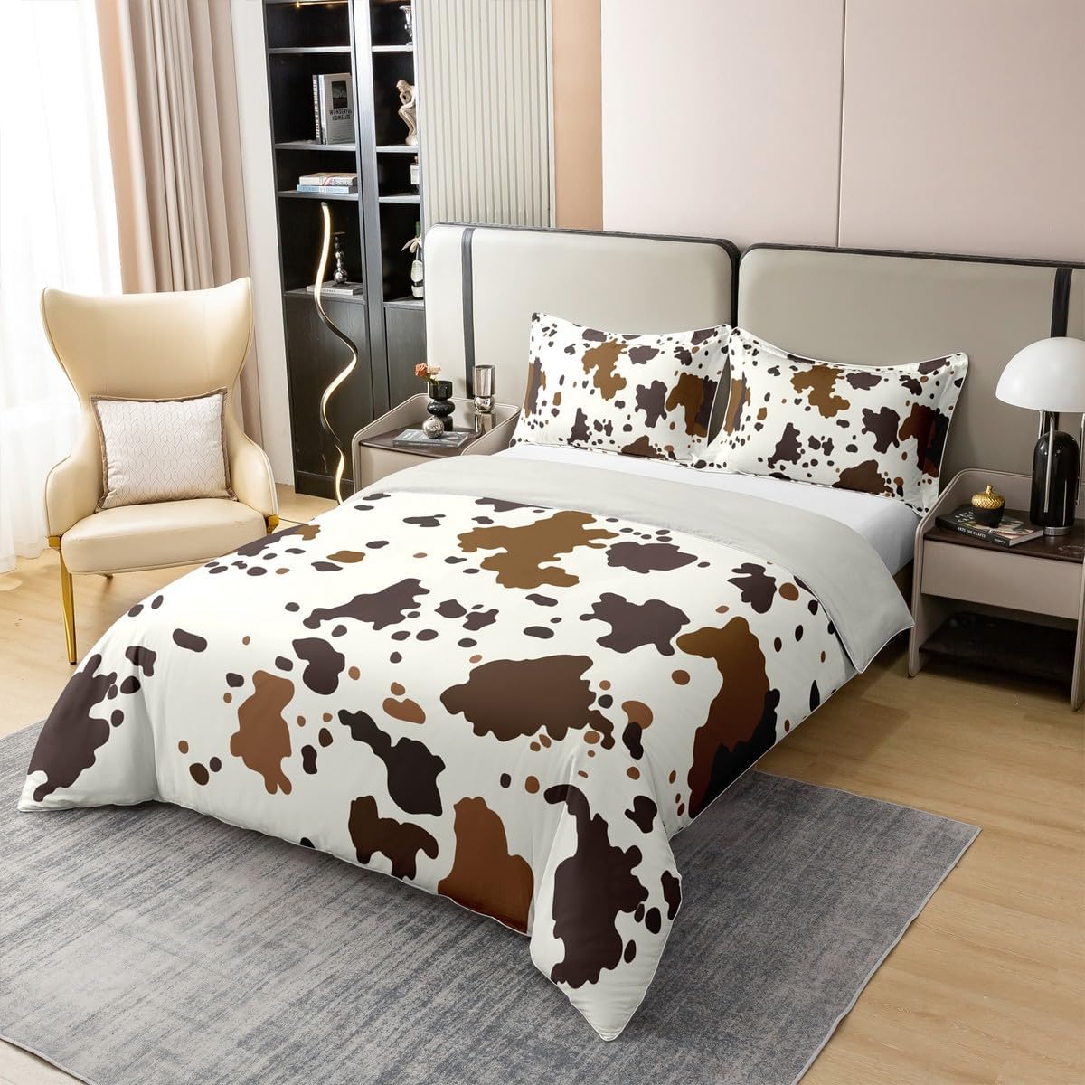 jejeloiu Cow Print Kids Duvet Cover 100% Cotton Queen Size Brown White Rugs for Living Room Cartoon Milk Cow Bedspread Cover Cute Animal Comforter Cover Set