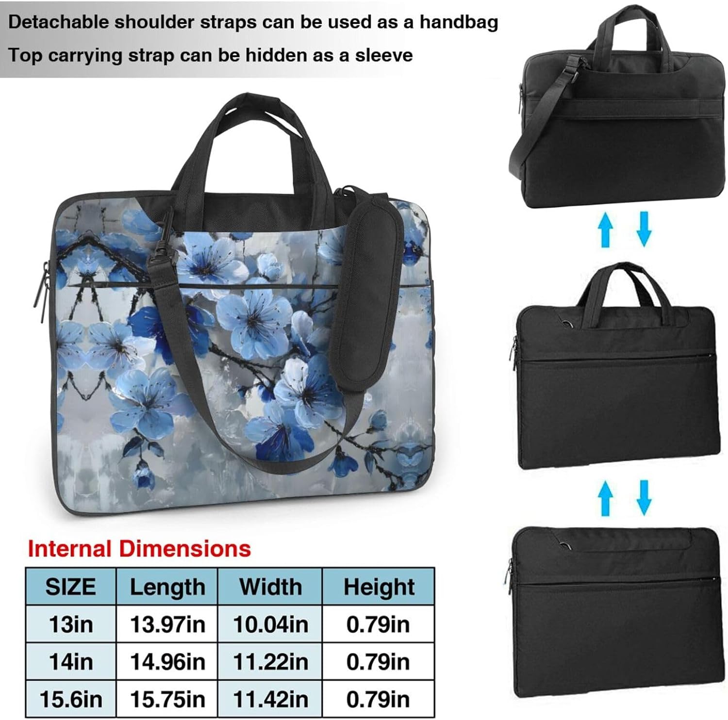 Blue Gray Cherry Blossom Print Laptop Bag Removable Shoulder Strap Laptop Bag Portable Computer Bag image 4