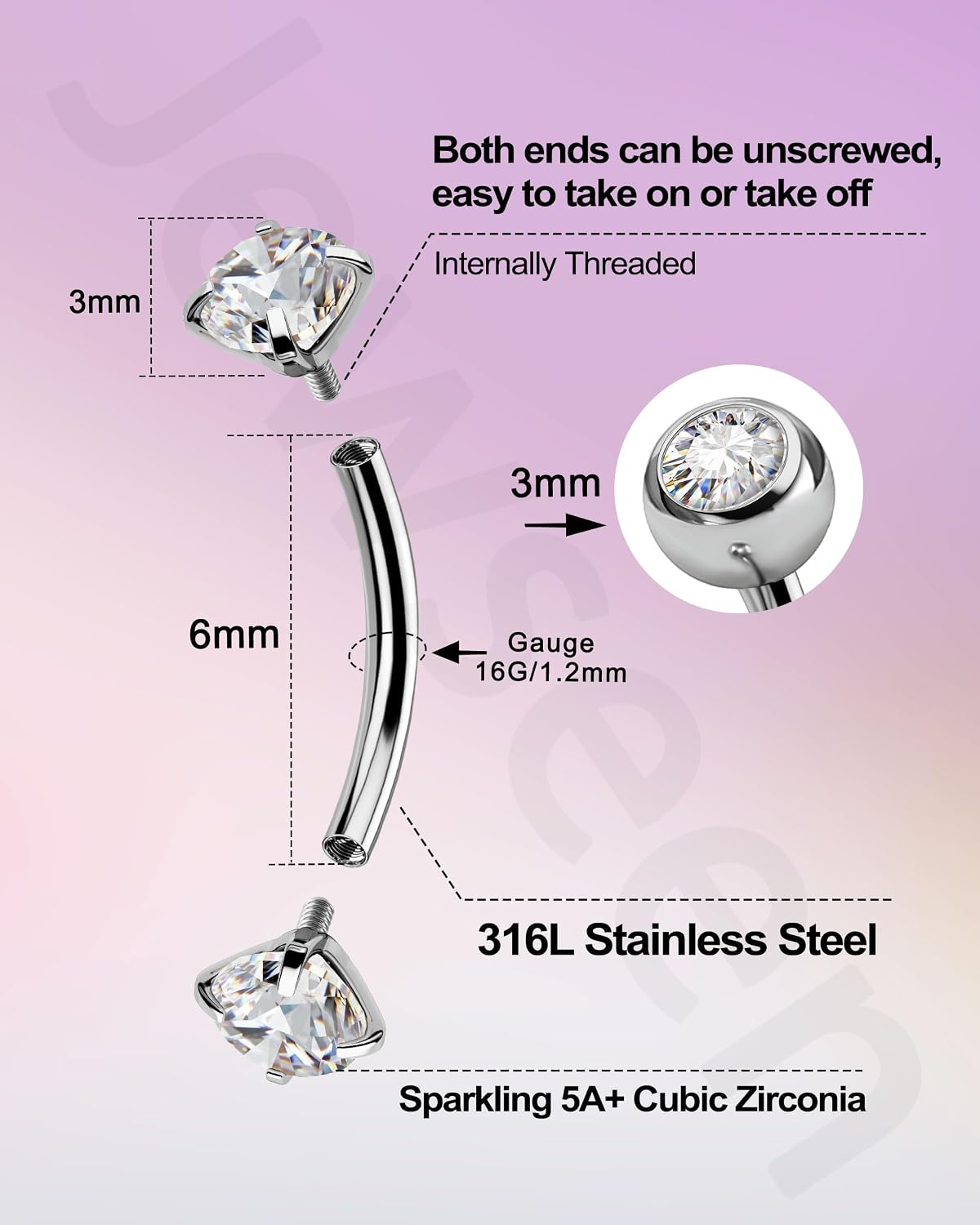 Jewseen 16G 2PCS Rook Piercing Jewelry Internally Thread Rook Earring for Women Surgical Steel Eyebrow Piercing Jewelry 8MM Curved Barbell Vertical Labret Jewelry image 5