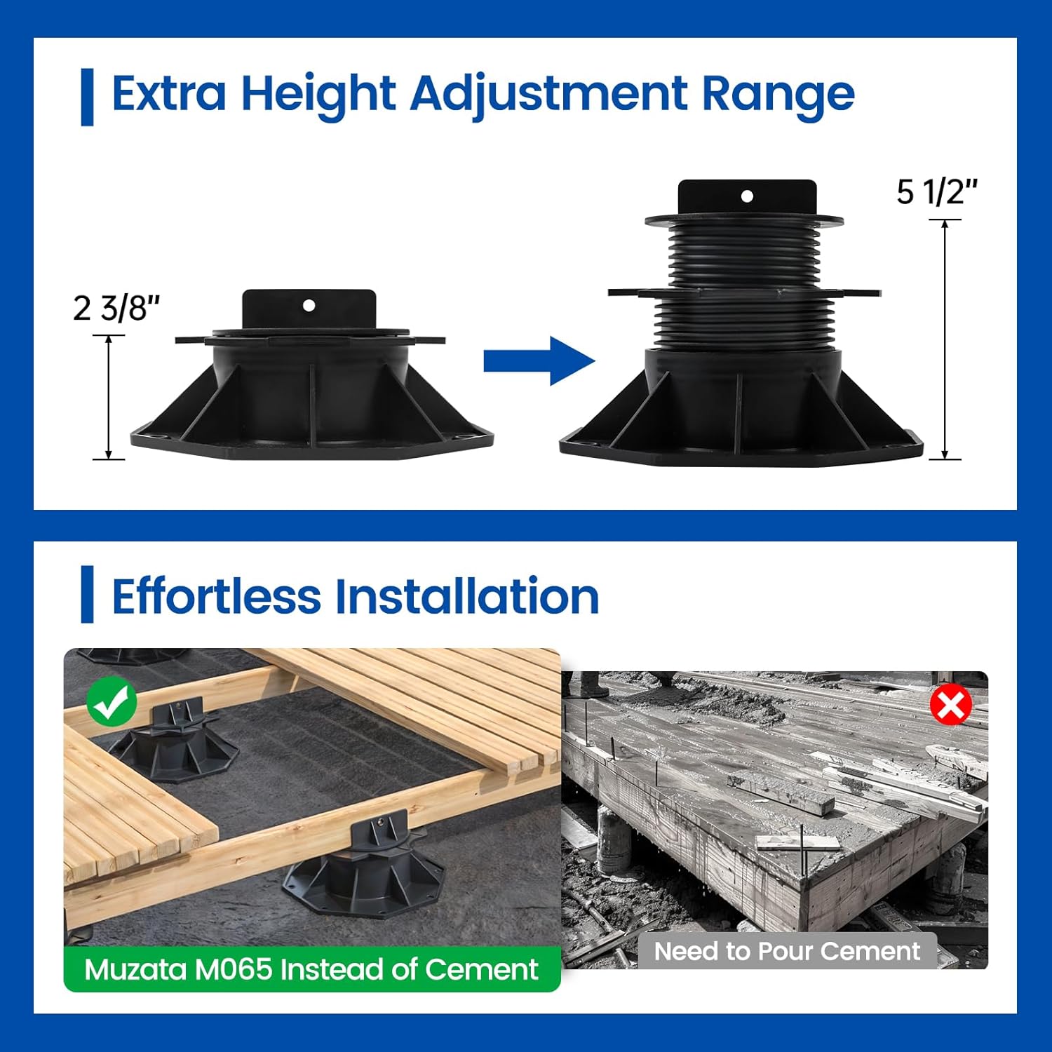 Muzata 10Pack Raising from 2.4" to 5.5" Adjustable Deck Support Pedestal Paver Flooring Joist Unilateral Keel Deck Support Base M065